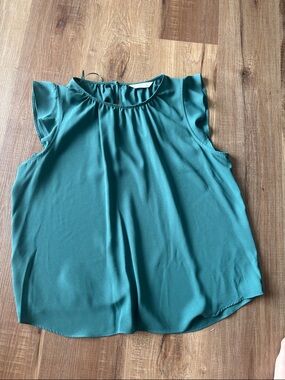 LC Lauren Conrad Teal Ruffled Neck Cap-Sleeve Blouse